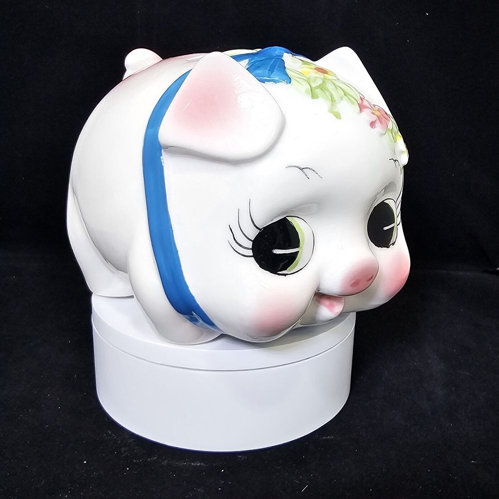 Vintage Big Eye Piggy Bank Ceramic Coinbank Blue Ribbon Floral Kitschy Cute